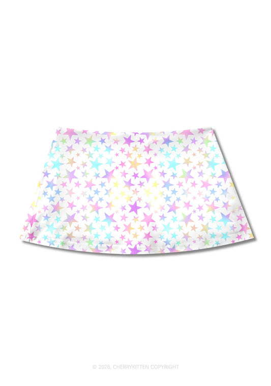 Rainbow Star On White Y2K Print Mini Skirt Cherrykitten