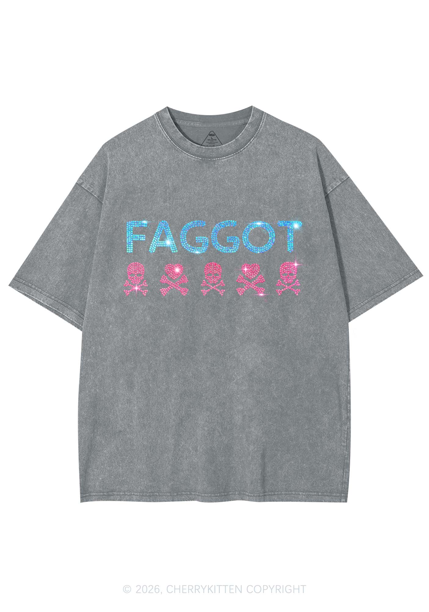 Rhinestone Faggot Skull Pride Y2K Shirts Washed Tee Cherrykitten