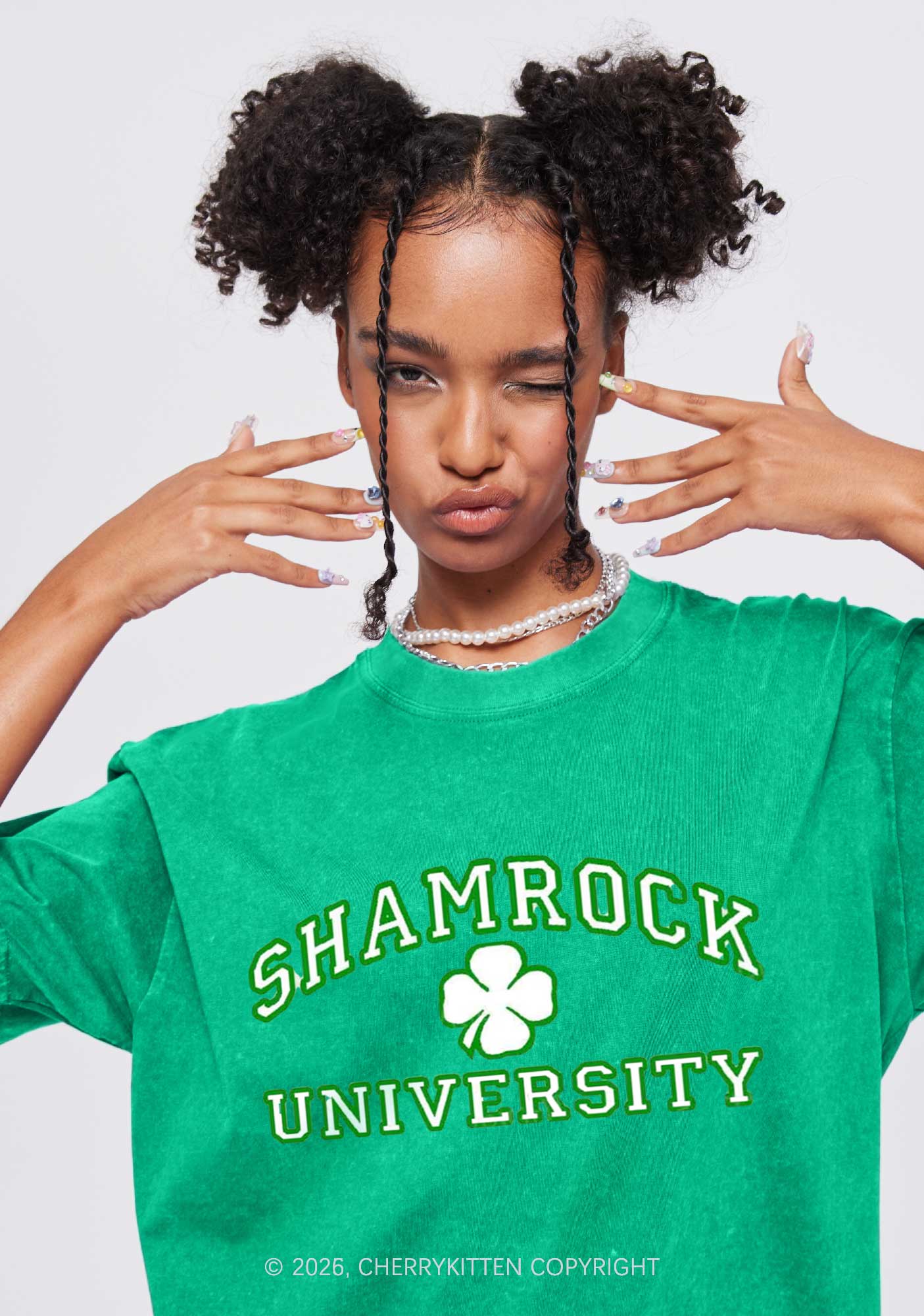 Shamrock University St Patricks Y2K Washed Tee Cherrykitten