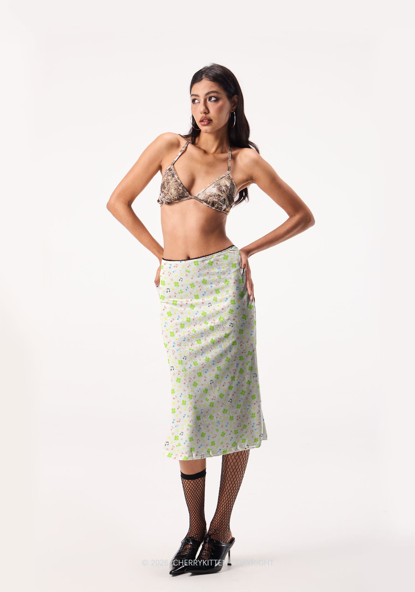 Music Notes Clover Stars St Patricks Y2K Print Midi Skirt Cherrykitten