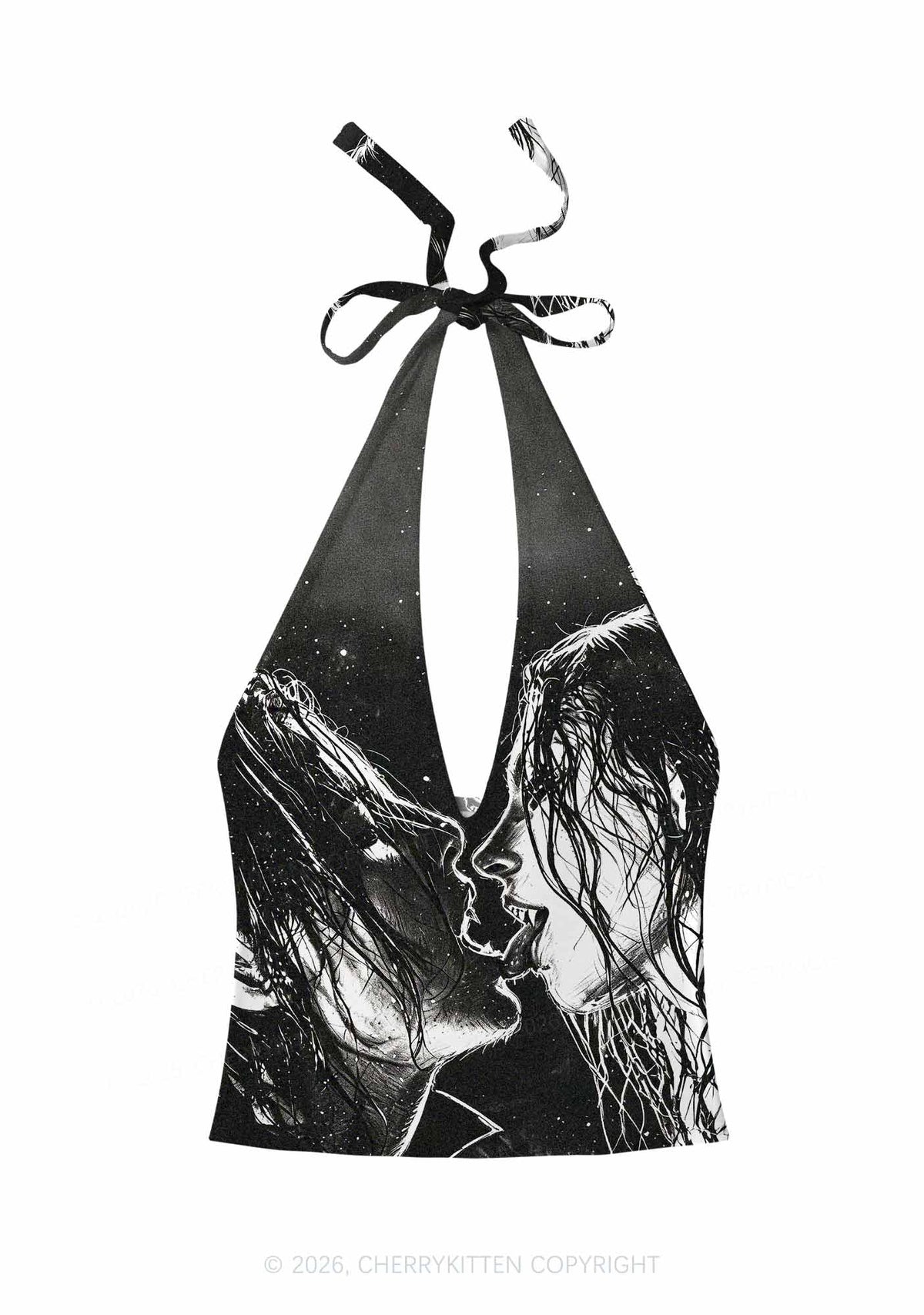 Halloween Two Vampire Figures Y2K Print Halter Deep V Neck Cami Cherrykitten