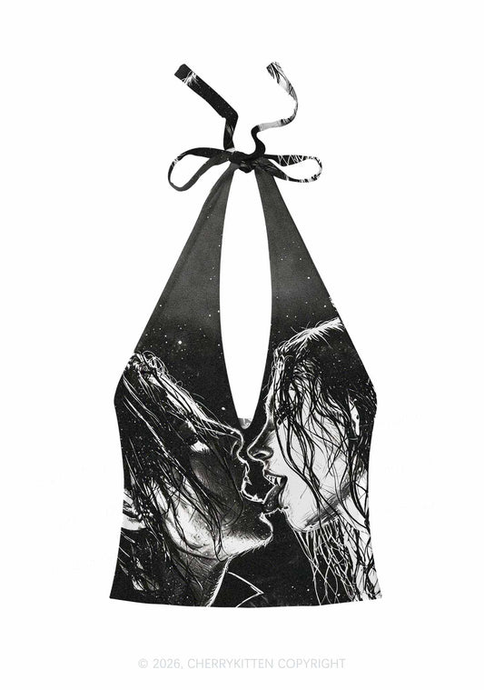 Halloween Two Vampire Figures Y2K Print Halter Deep V Neck Cami Cherrykitten