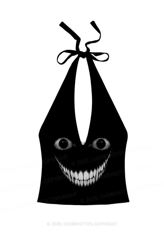 Halloween Black Creepy Grin Y2K Print Halter Deep V Neck Cami Cherrykitten