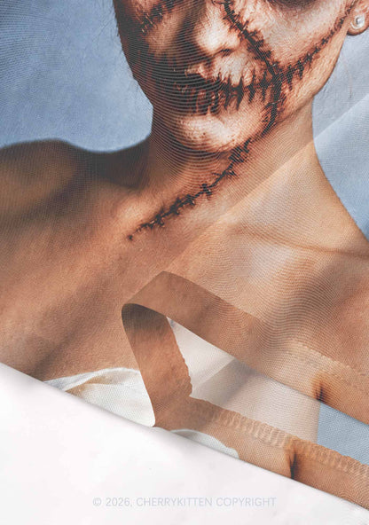 Halloween Scar Horned Demon Woman Y2K Mesh Crop Top Cherrykitten