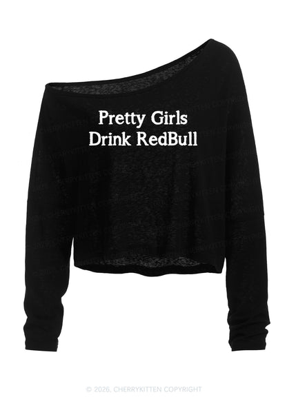 Pretty Girls Drink Red Y2K Off Shoulder Long Sleeve Crop Top Cherrykitten