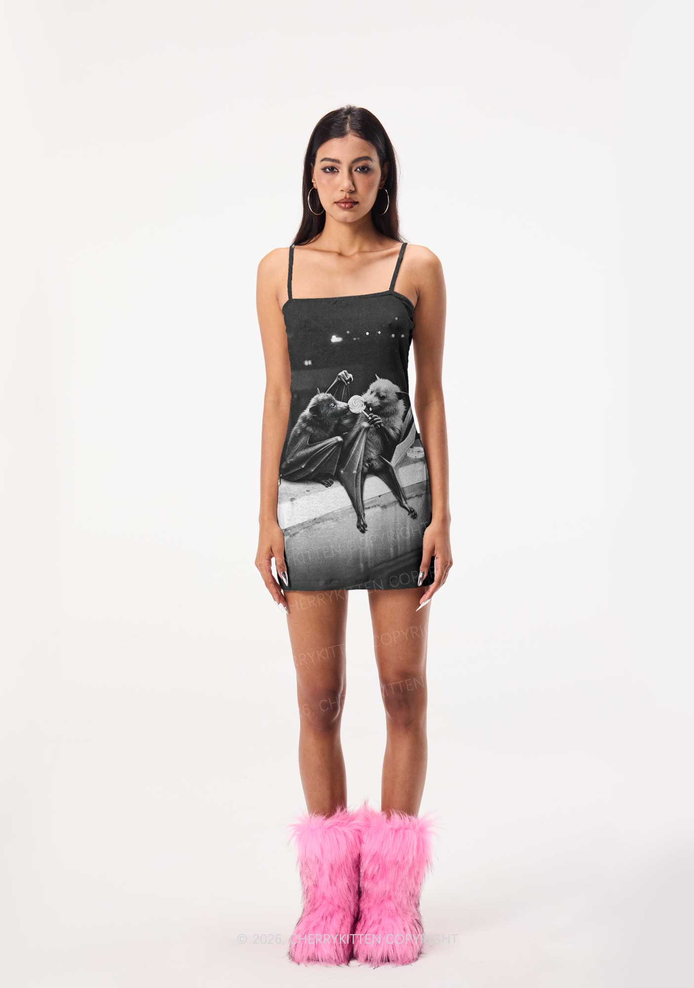 Halloween Lollipop Bat Y2K Print Slip Dress Cherrykitten