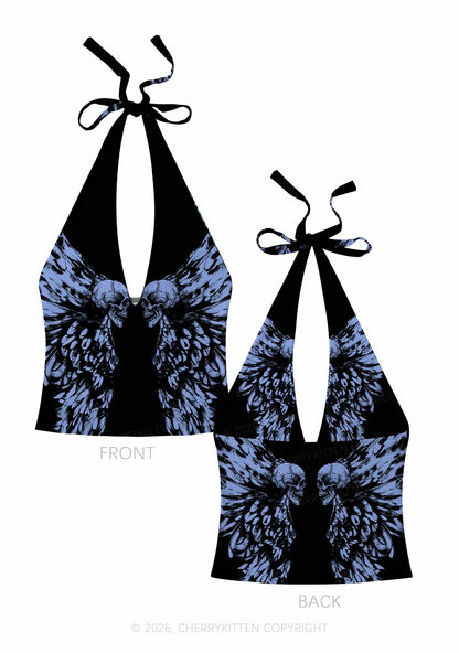 Halloween Blue Skull Angel Wings Y2K Print Halter Deep V Neck Cami Cherrykitten