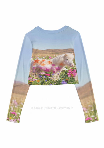 Lesbian Stars Pony Pride Y2K Mesh Long Sleeve Crop Top Cherrykitten