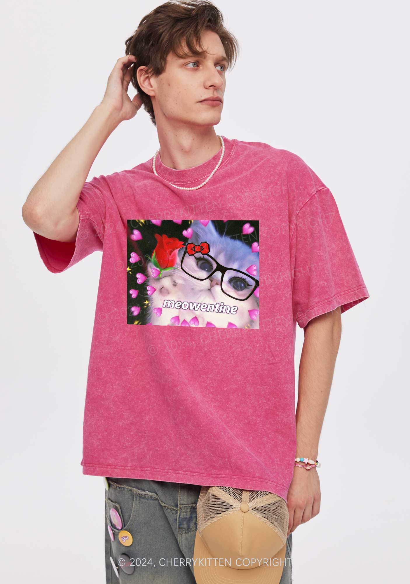 Meowentine Kitten Y2K Valentine's Day Washed Tee Cherrykitten