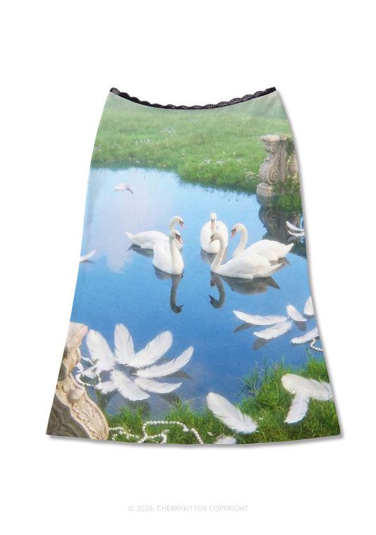 Pastoral Swan Y2K Print Midi Skirt Cherrykitten