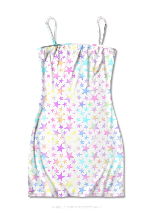 Rainbow Star On White Y2K Print Slip Dress Cherrykitten