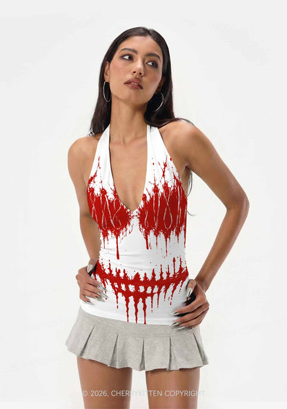 Halloween Blood Drip Face Y2K Print Halter Deep V Neck Cami Cherrykitten