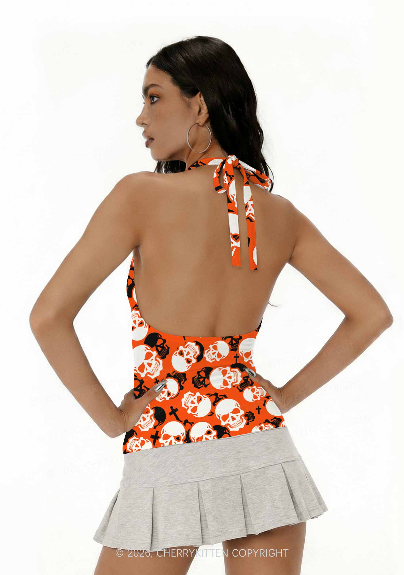 Halloween Orange Skull Cross Y2K Print Halter Deep V Neck Cami Cherrykitten