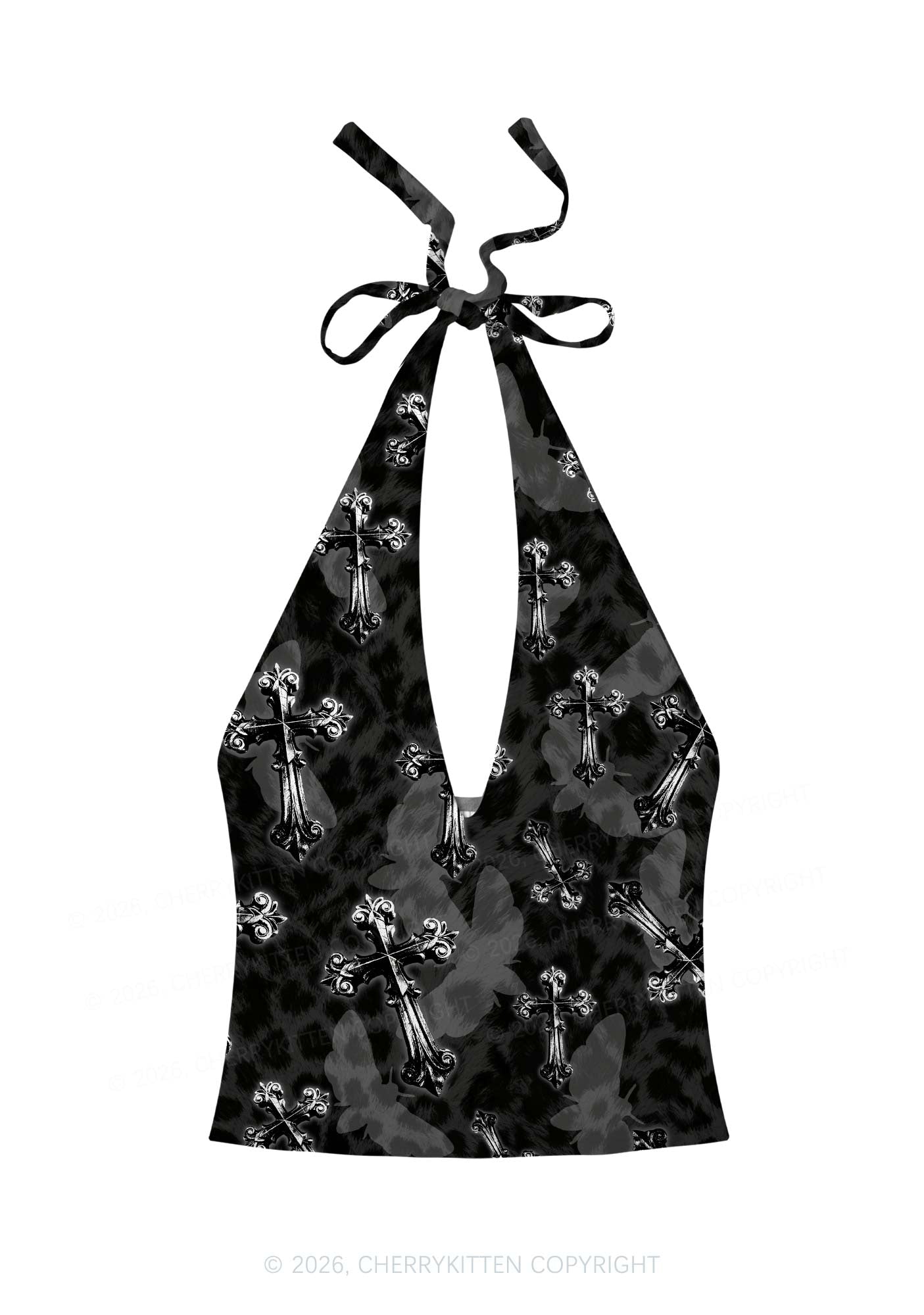 Halloween Gothic Cross Moth Leopard Y2K Print Halter Deep V Neck Cami Cherrykitten