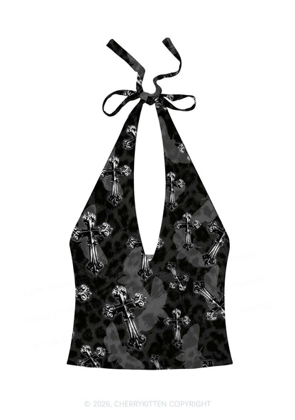 Halloween Gothic Cross Moth Leopard Y2K Print Halter Deep V Neck Cami Cherrykitten