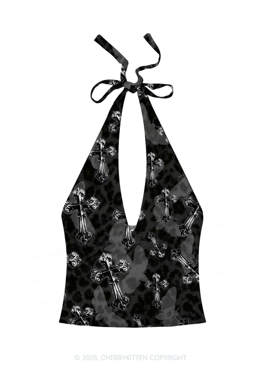 Halloween Gothic Cross Moth Leopard Y2K Print Halter Deep V Neck Cami Cherrykitten