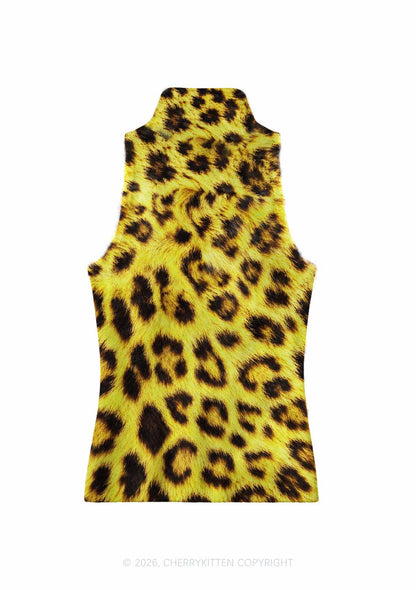 Yellow Leopard Y2K Knit Turtleneck Tank Top Cherrykitten