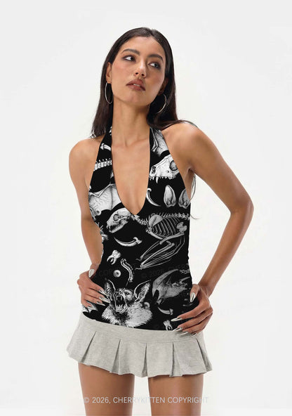 Halloween Goth Animal Bone Skull Y2K Print Halter Deep V Neck Cami Cherrykitten