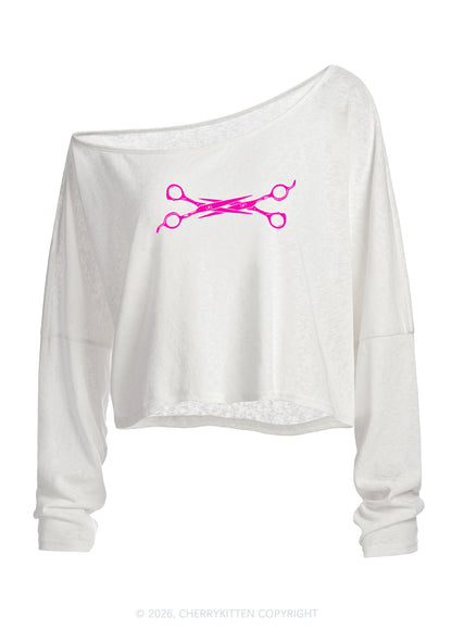 Pink Scissors Pride Y2K Off Shoulder Long Sleeve Crop Top Cherrykitten
