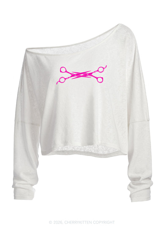 Pink Scissors Pride Y2K Off Shoulder Long Sleeve Crop Top Cherrykitten