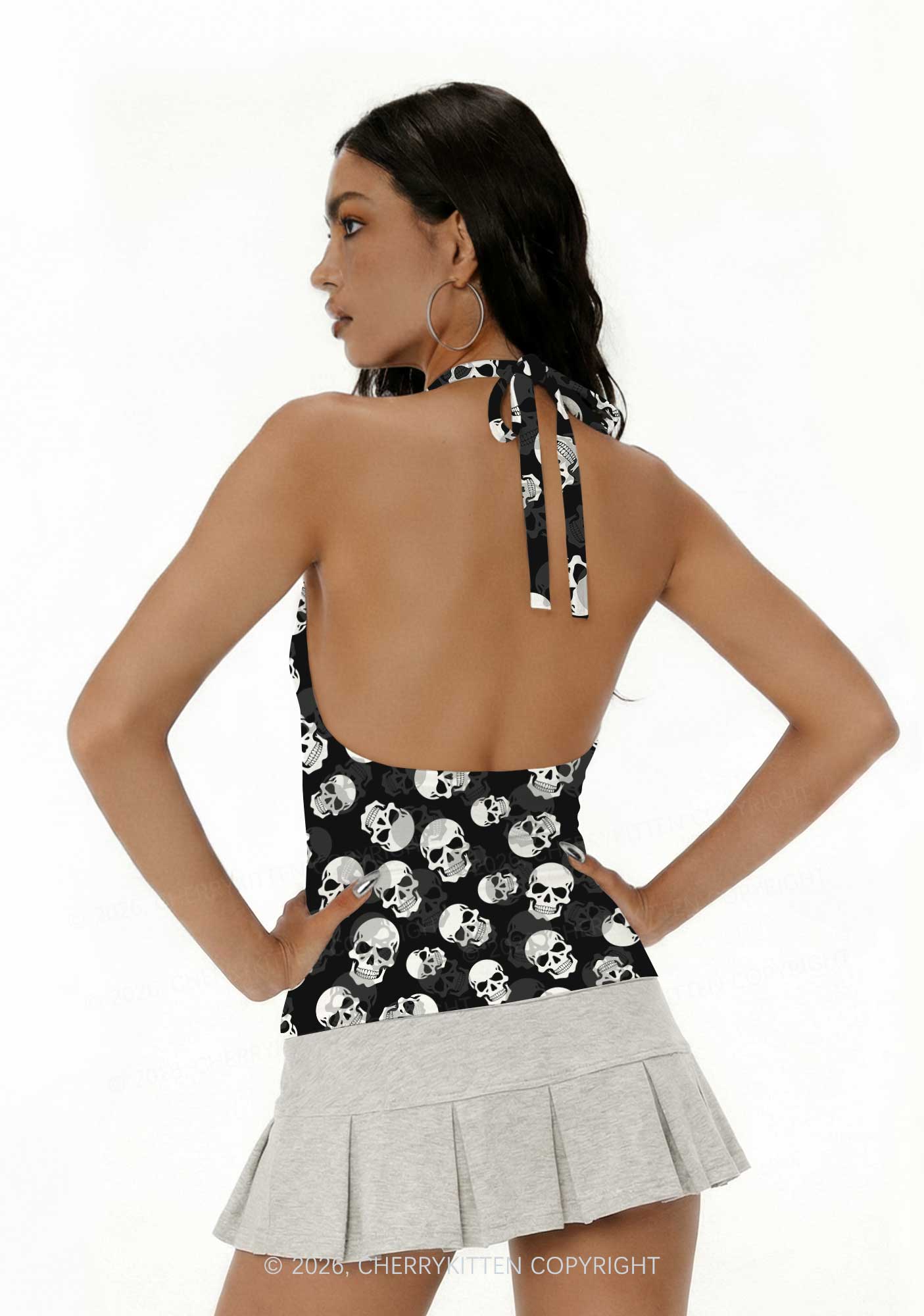 Halloween White Skull On Black Y2K Print Halter Deep V Neck Cami Cherrykitten