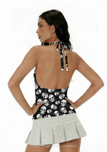 Halloween White Skull On Black Y2K Print Halter Deep V Neck Cami Cherrykitten
