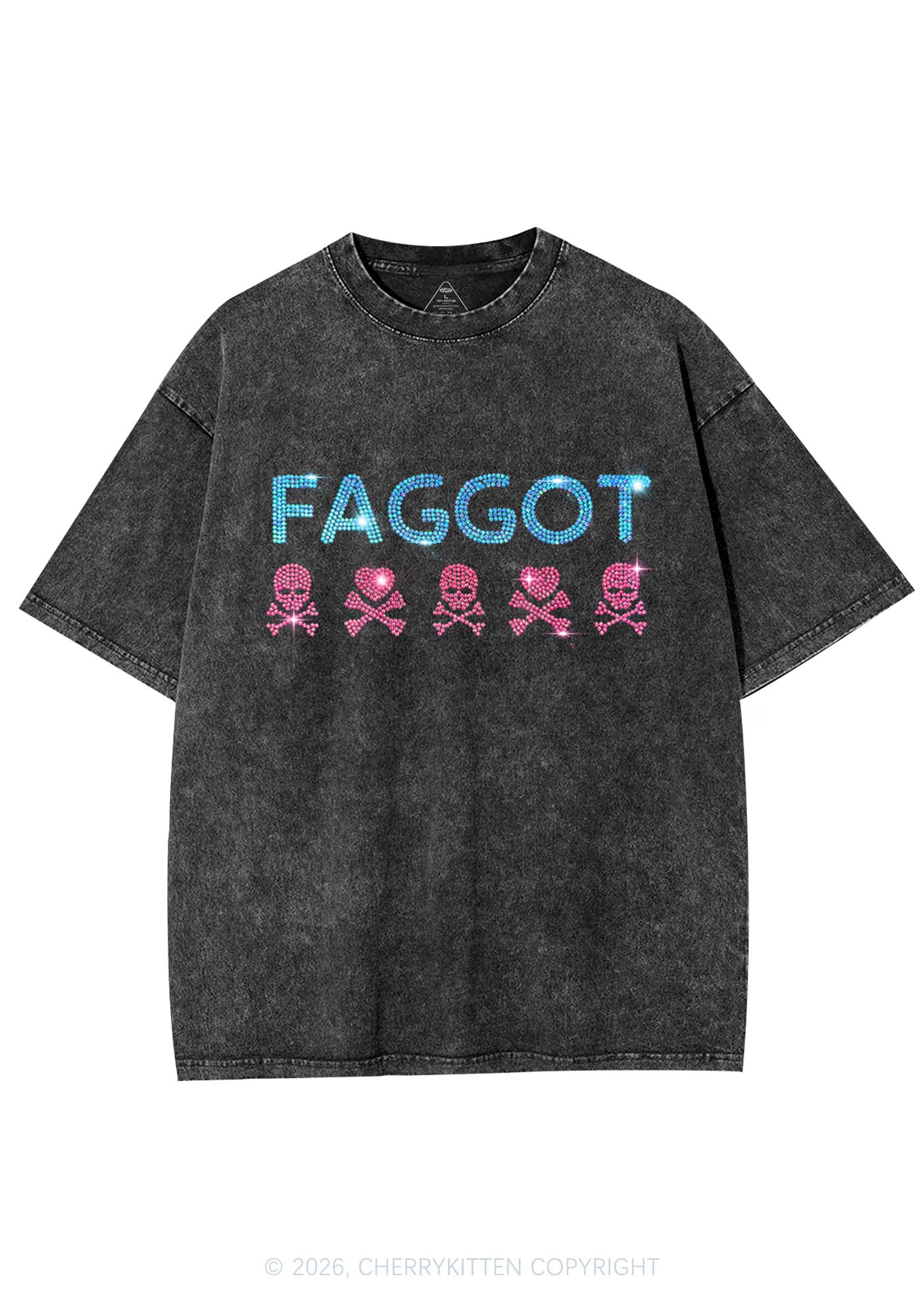 Rhinestone Faggot Skull Pride Y2K Shirts Washed Tee Cherrykitten