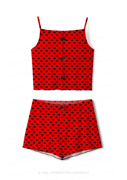 Black Heart On Red Valentine's Day Y2K Print Cami Shorts Pajama Set Cherrykitten