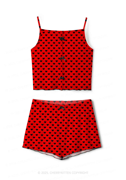 Black Heart On Red Valentine's Day Y2K Print Cami Shorts Pajama Set Cherrykitten