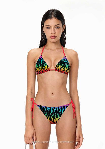 Rainbow Flame Pride Y2K Print Bikini Set Cherrykitten