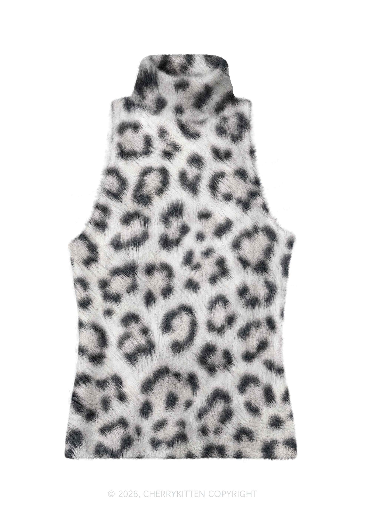 White Leopard Y2K Knit Turtleneck Tank Top Cherrykitten