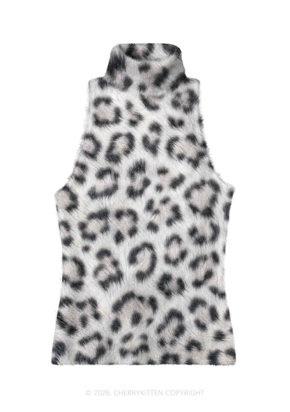 White Leopard Y2K Knit Turtleneck Tank Top Cherrykitten
