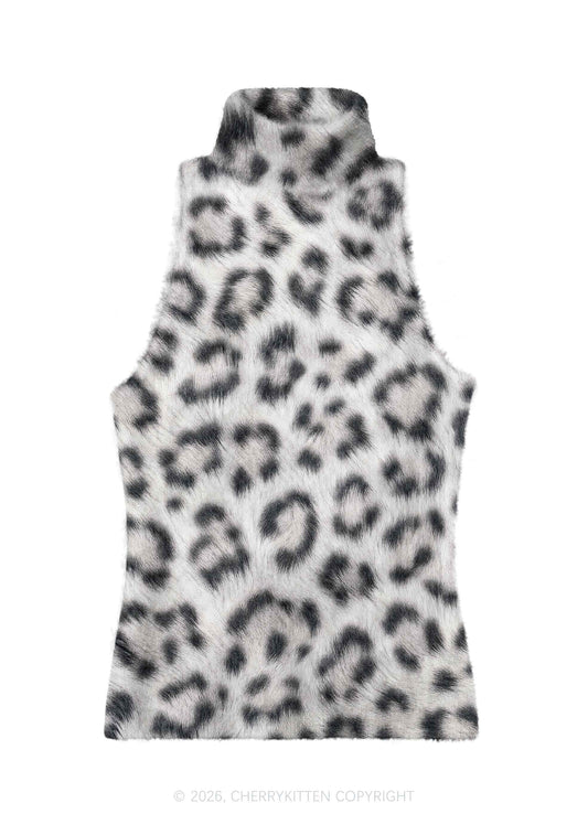 White Leopard Y2K Knit Turtleneck Tank Top Cherrykitten