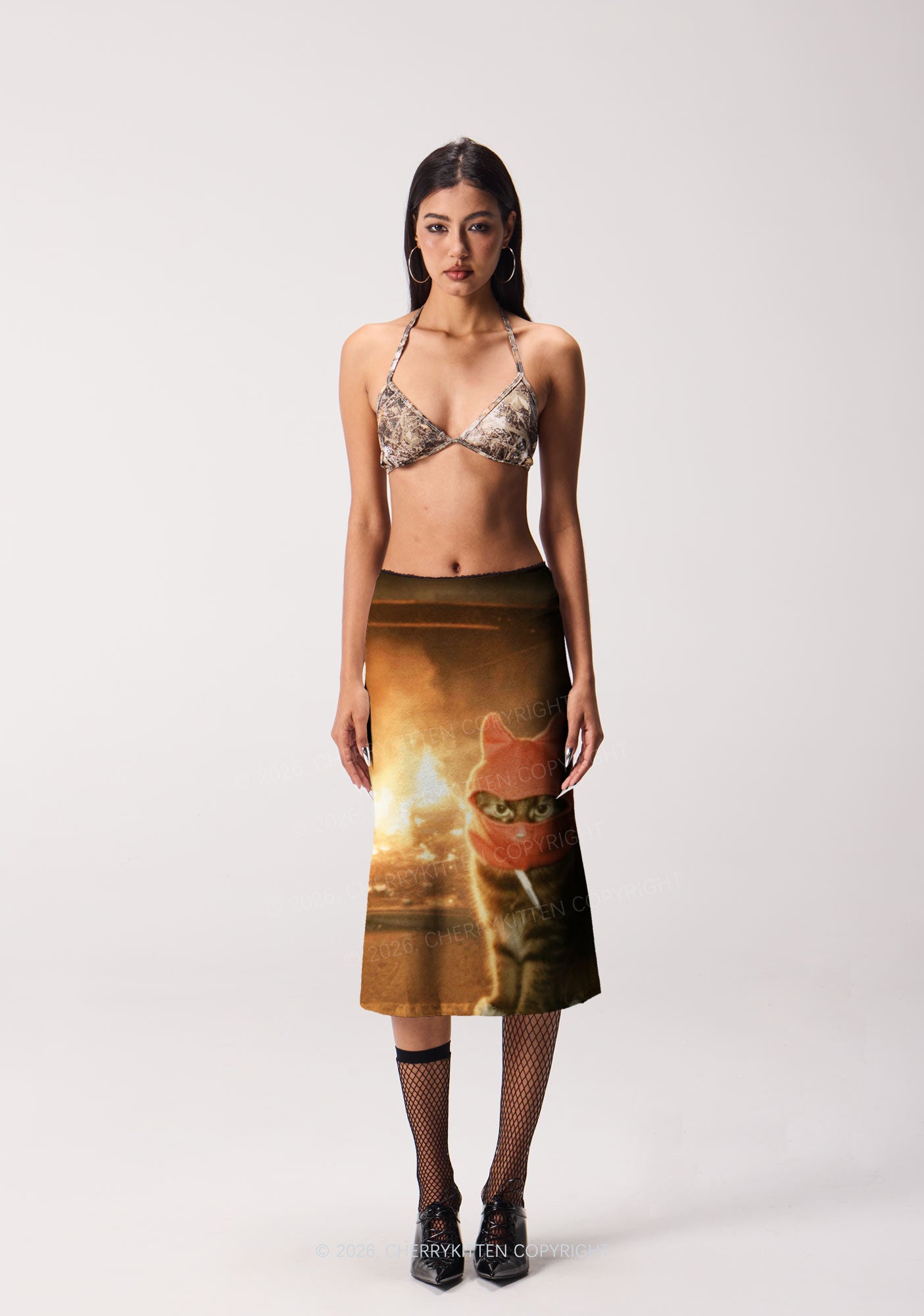 Halloween Red Ear Hood Cat Y2K Print Midi Skirt Cherrykitten