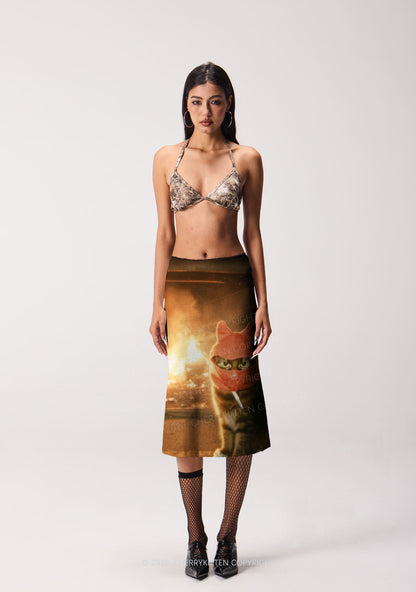 Halloween Red Ear Hood Cat Y2K Print Midi Skirt Cherrykitten