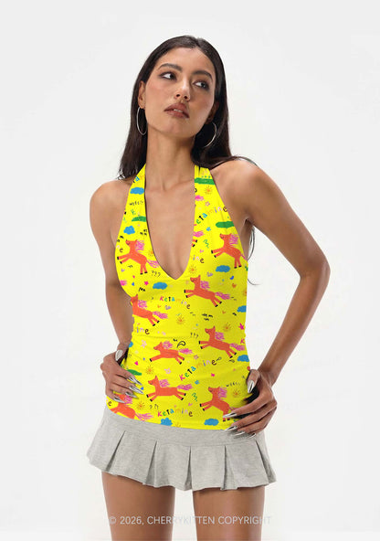 Orange Pony On Yellow Y2K Print Halter Deep V Neck Cami Cherrykitten