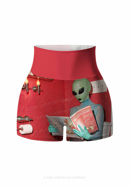 Halloween Alien On Toilet Y2K Print Gym Shorts Cherrykitten