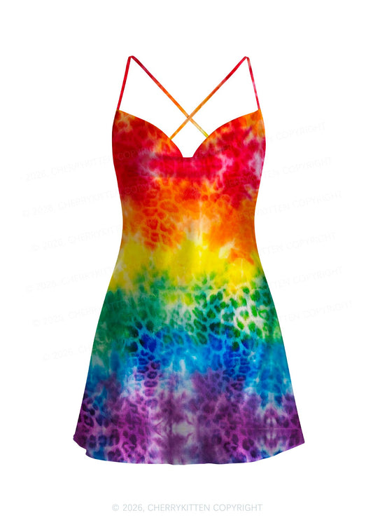 Rainbow Leopard Tie Dye Pride Y2K Print Satin Cowl Neck Slip Dress Cherrykitten