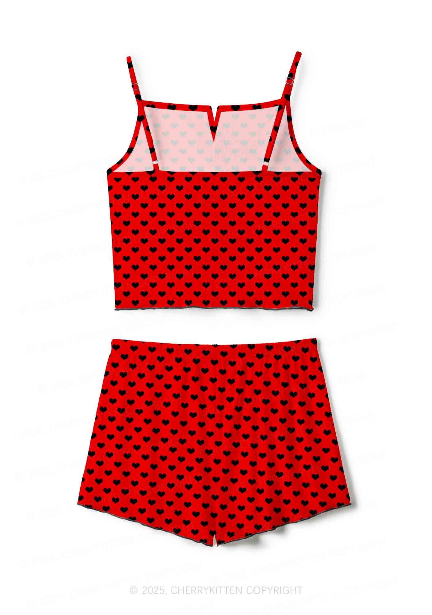 Black Heart On Red Valentine's Day Y2K Print Cami Shorts Pajama Set Cherrykitten