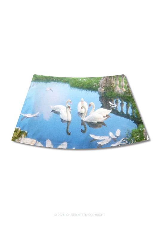 Pastoral Swan Y2K Print Mini Skirt Cherrykitten