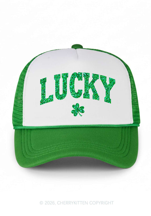 Glitter Lucky Shamrock St Patricks Y2K Colorblock Trucker Hat Cherrykitten