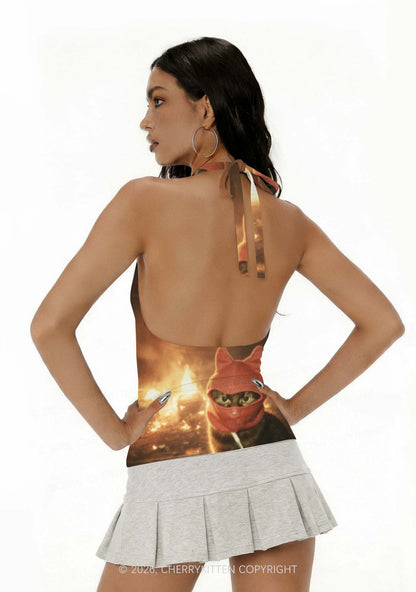 Halloween Red Ear Hood Cat Y2K Print Halter Deep V Neck Cami Cherrykitten