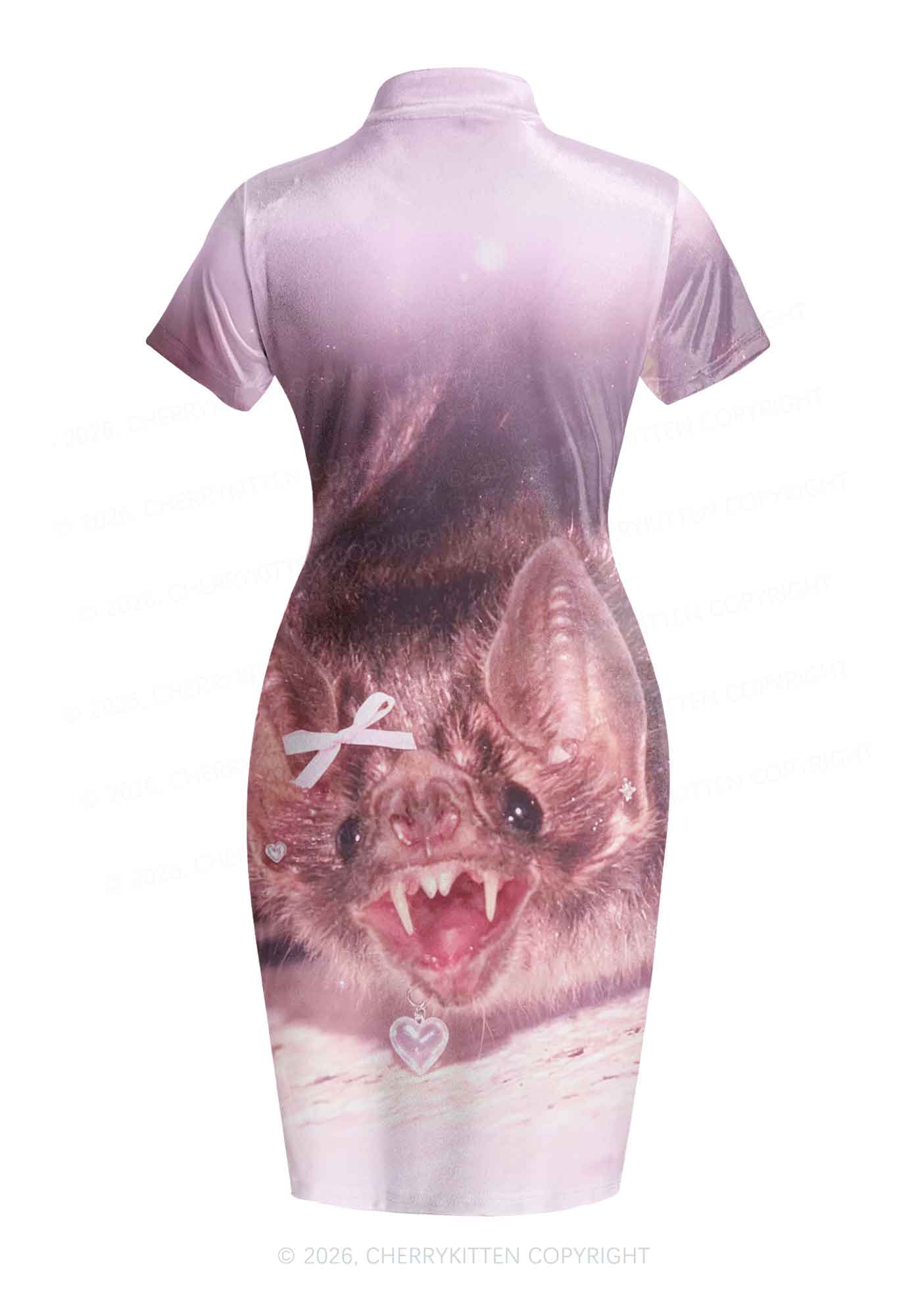Halloween Pink Bow Bat Y2K Cheongsam Mini Dress Cherrykitten