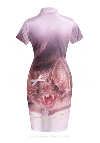 Halloween Pink Bow Bat Y2K Cheongsam Mini Dress Cherrykitten