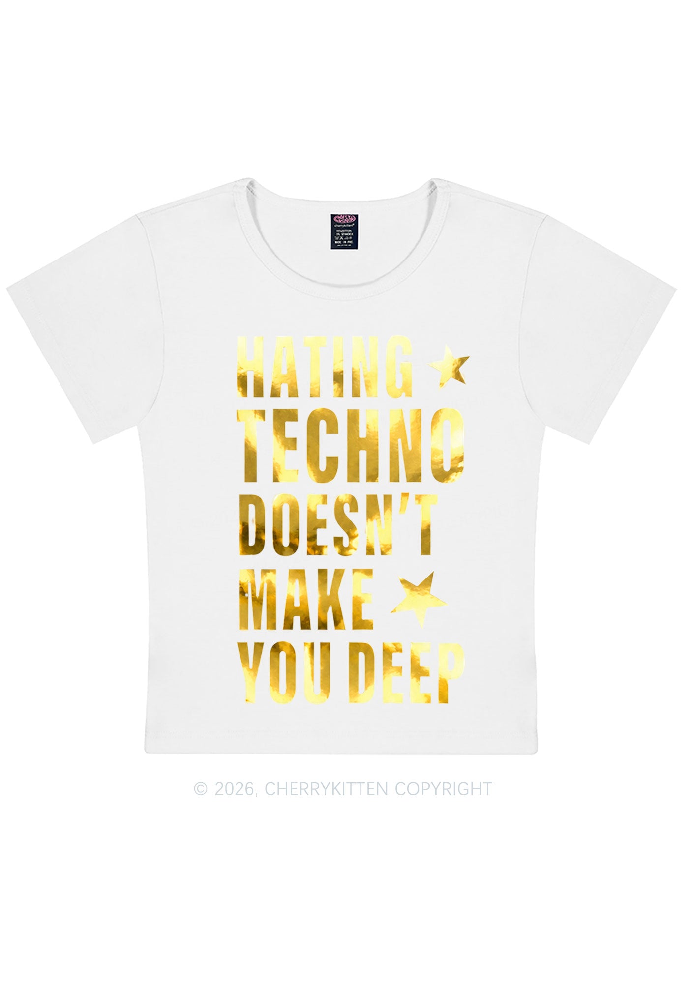 Hating Techno Silver Foil Printed Y2K Baby Tee Cherrykitten
