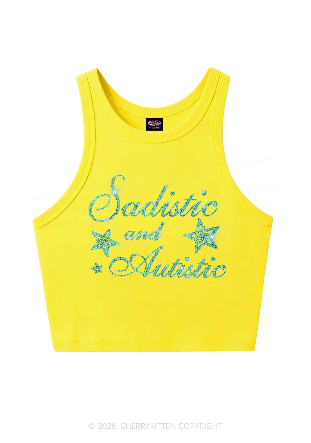 Rhinestone Sadistic And Autistic Y2K Crop Tank Top Cherrykitten