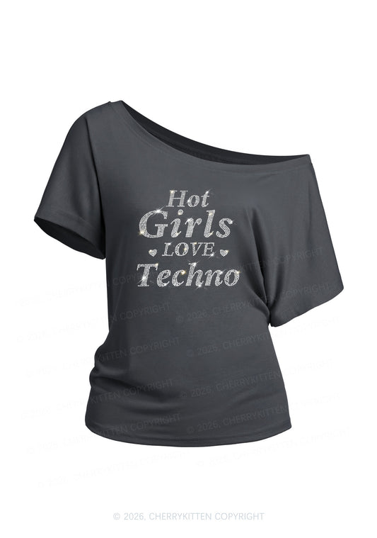 Rhinestone Hot Girls Love Techno Y2K Off Shoulder Tee Cherrykitten