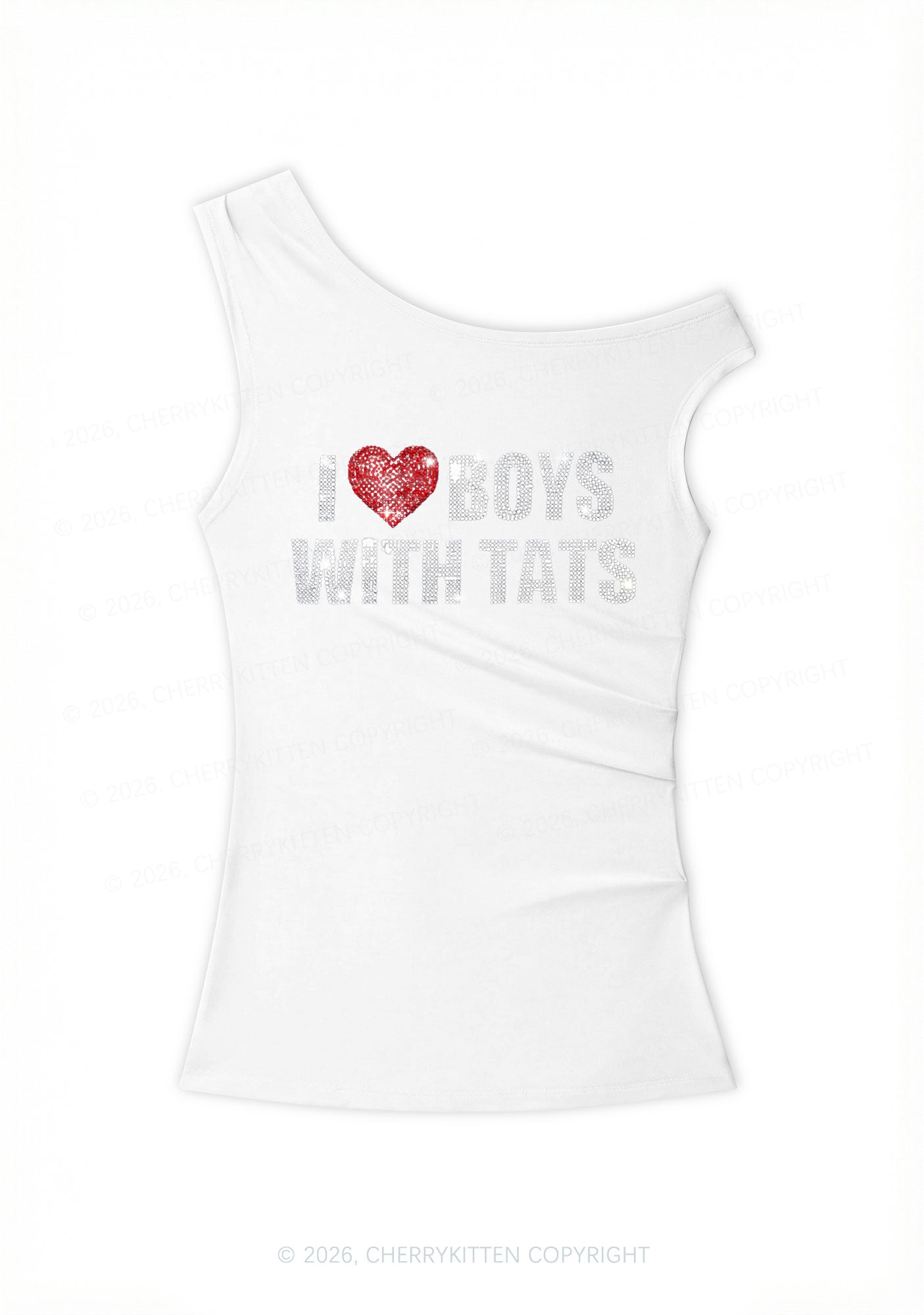 Rhinestone I Love Boys With Tats Y2K Off Shoulder Tank Top Cherrykitten