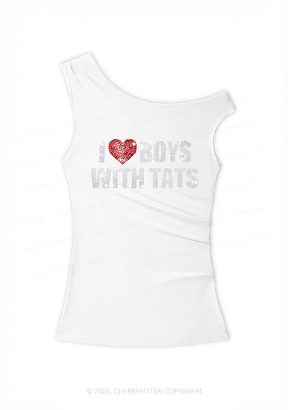 Rhinestone I Love Boys With Tats Y2K Off Shoulder Tank Top Cherrykitten