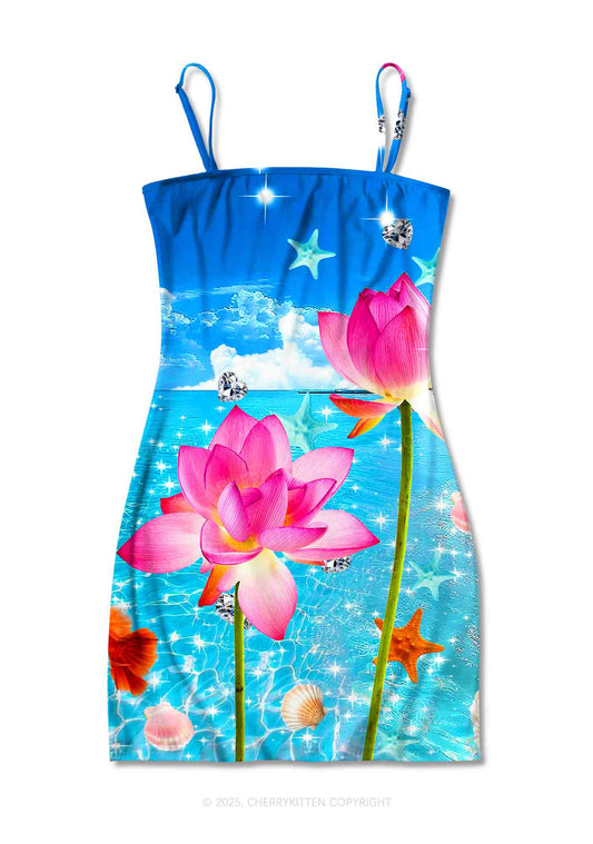 Seaside Lotus Y2K Print Slip Dress Cherrykitten